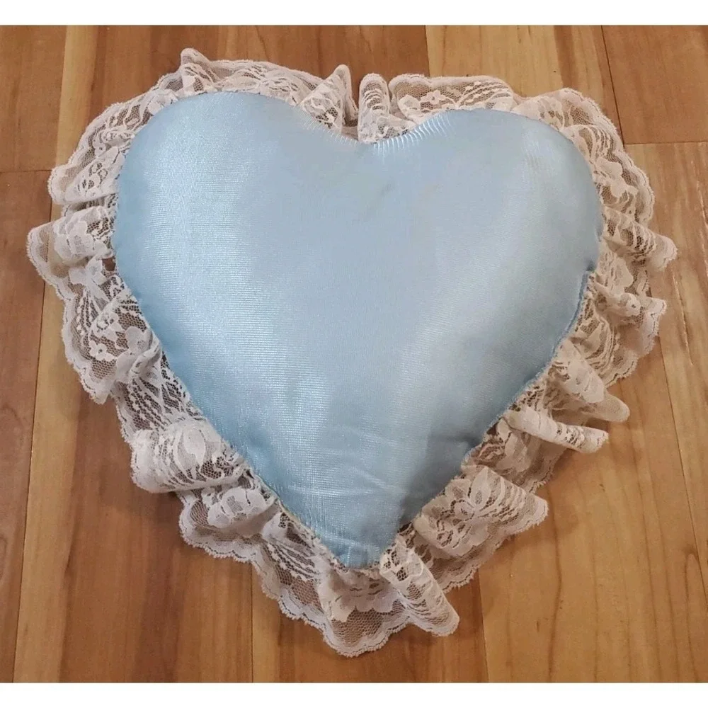 Heart Shaped Floral Lace Throw Pillow Light Blue Cottagecore‎ Victorian Romantic